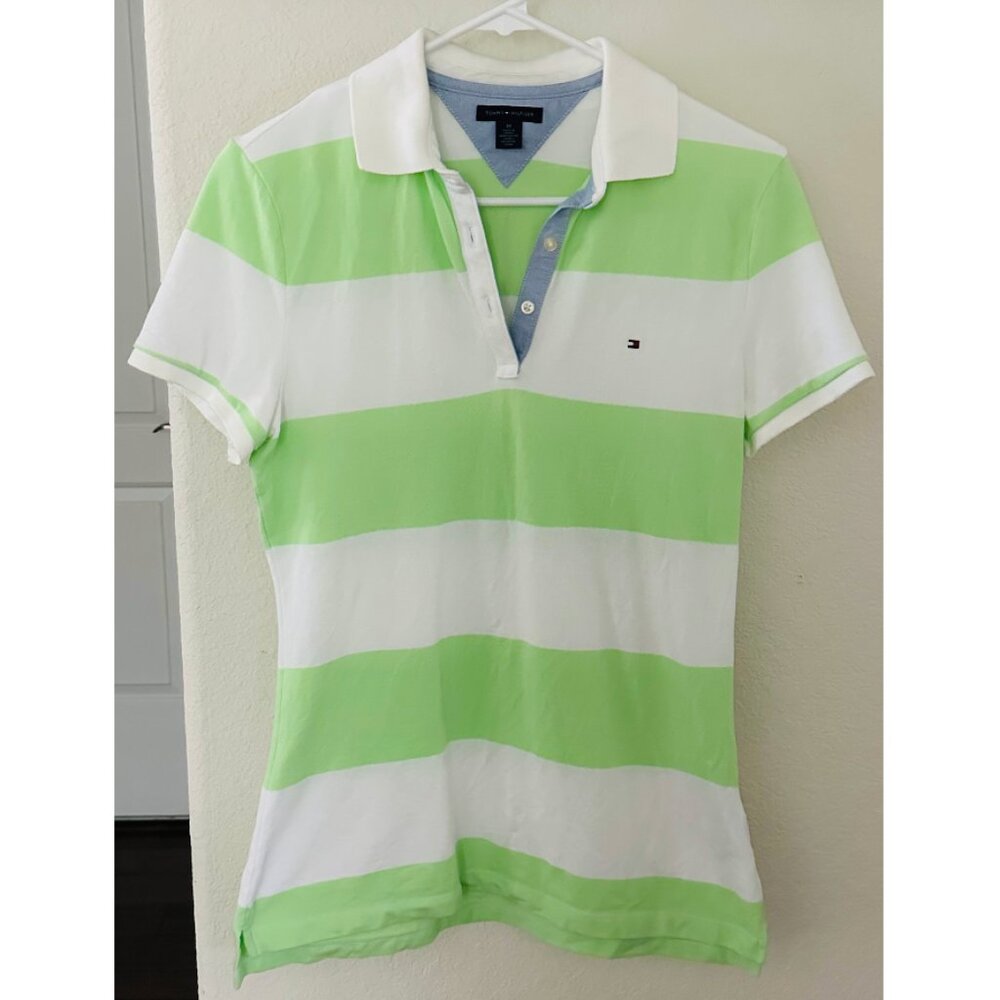 🍀 Tommy Hilfiger 🍀 Women Green & White Striped Slim Fit Polo Collar T-shirt, M